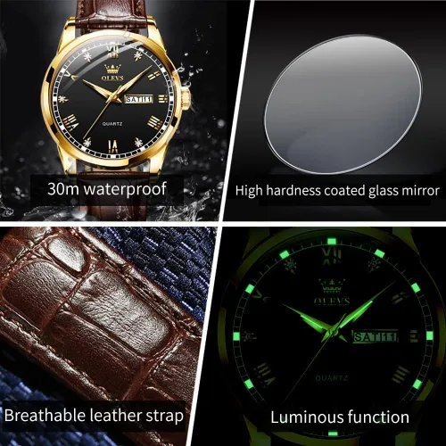 Vista 4 de OLEVS Tienda Watches, reloj de cuero marrón para hombre, reloj de fecha para hombre, reloj luminoso para hombre, reloj de vestir para hombre, reloj