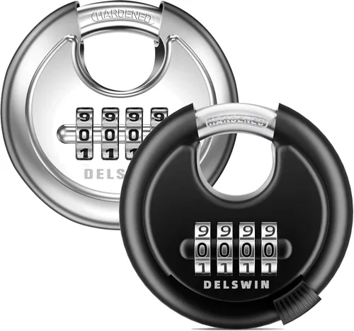 Vista 14 de DELSWIN - Candado de combinación de 4 dígitos con grillete de acero endurecido, candado de combinación para cobertizos, casillero de gimnasio, área