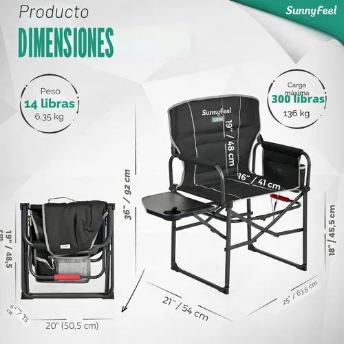 Vista 2 de SUNNYFEEL Silla de Camping con Calefacción para Directores, Silla Plegable Portátil de Gran Tamaño para Exteriores con Mesa Lateral, Bolsillo