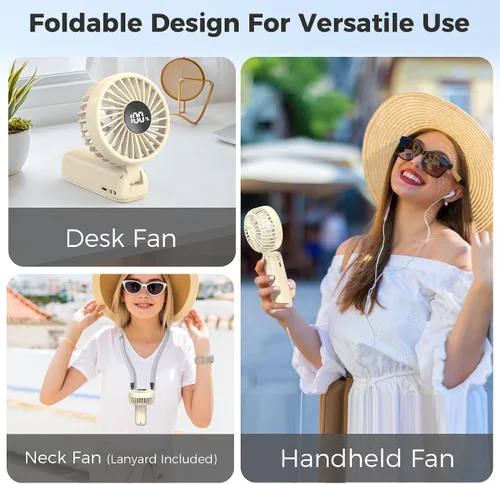 Vista 5 de Ventilador de mano plegable, ventiladores de mano recargables de 5000 mAh con potente refrigeración, 4 velocidades, pantalla LED, ventilador