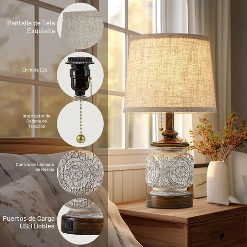 Vista 3 de Juego de 2 lámparas de mesa de noche estilo granja de 19.5 pulgadas, lámparas rústicas para mesita de noche de dormitorio con puertos USB, lámparas