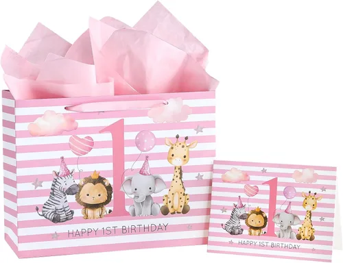 Vista 20 de WRAPAHOLIC Bolsa de regalo grande de 13 pulgadas con tarjeta y papel de seda, adorable bolsa de regalo de elefante para bebé, baby shower, fiesta