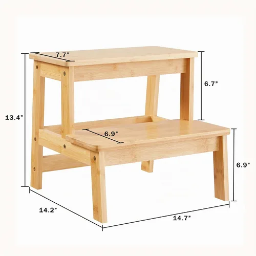 Vista 6 de Taburetes de bambú para niños, taburete de madera para cocina/baño/mesita de noche, taburete de doble escalón, soporta hasta 350 libras