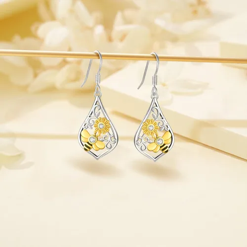Vista 172 de Aretes colgantes de plata de ley con diseño de árbol de la vida, flor, abeja, animales, gato, colibrí, piedra lunar, turquesa, aretes con cierre