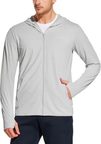 Vista 3 de TSLA Sudadera con capucha de manga larga UPF 50+ para hombre, con cremallera frontal, rendimiento UVSPF, ligera, para correr, pescar