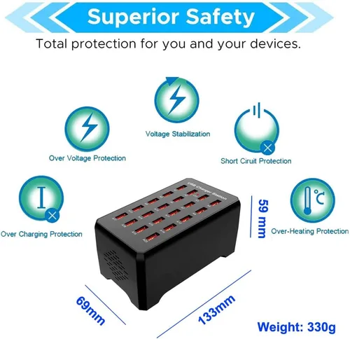 Vista 3 de MaxLax Estación de carga USB de 20 puertos, 100 W/20 A, compatible con teléfonos inteligentes, tabletas y otros dispositivos USB