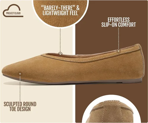 Vista 3 de Project Cloud 100% Cuero Genuino Ballet Flats para Mujer - Zapatos de Mujer Bronceado Gamuza