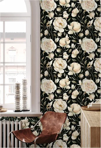 Vista 3 de HAOKHOME Papel tapiz autoadhesivo para despegar y pegar, diseño floral de rosas vintage, peonías, papel de contacto extraíble, negro/beige/oliva