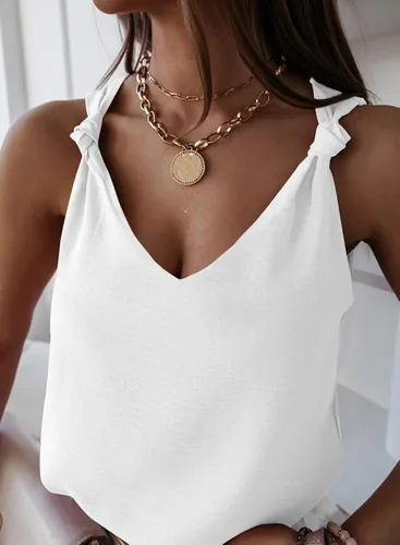 Vista 3 de Camisetas sin mangas de moda para mujer, cuello en V, detalle anudado, blusas sin mangas