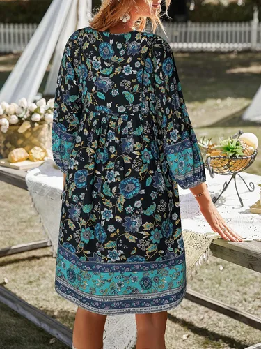 Vista 5 de TEMOFON Mini vestido bohemio para mujer verano floral 34 manga larga cuello en V fluido suelto casual vestidos de playa