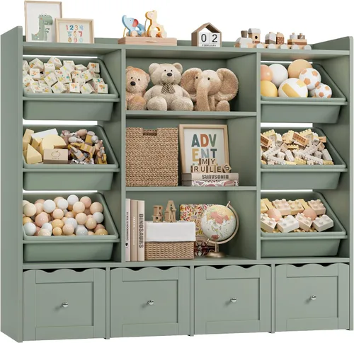 Vista 7 de HITHOS Organizador de almacenamiento de juguetes para niños de 55 pulgadas de ancho, caja de juguetes grande con estantería, baúl de juguetes