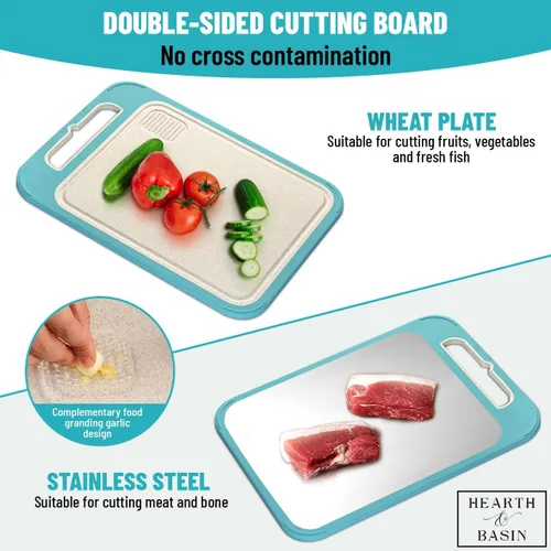 Vista 3 de Tabla de cortar no plástica para cocina, 14 x 11 pulgadas, placa de trigo de doble cara de acero inoxidable, resistente a los arañazos, ranura