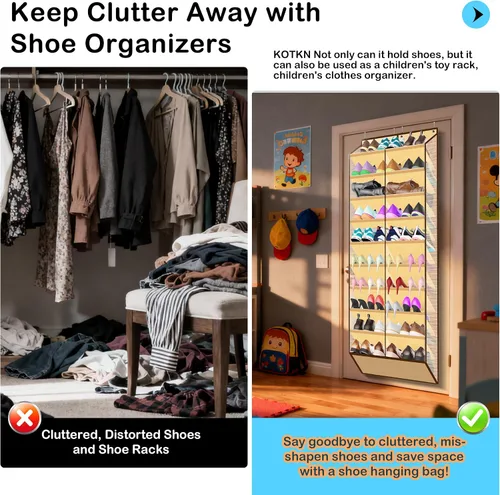 Vista 6 de Kotkn Organizador de zapatos de 10 niveles sobre la puerta, 20 bolsillos con capacidad para 20 a 30 pares, tela Oxford resistente con malla