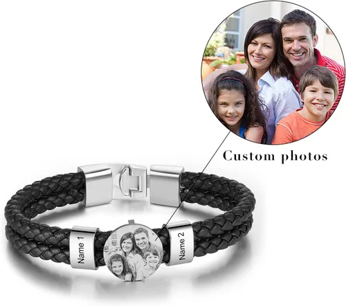 Vista 5 de Pulsera de cuero personalizada para hombre, grabada con nombre, imagen, foto, cuerda trenzada para papá, marido, abuelo, novio