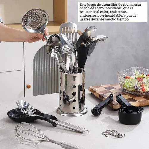 Vista 4 de Juego de utensilios de cocina, 39 piezas de acero inoxidable, espátula de cuchara con soporte de utensilios de acero inoxidable resistente, apto