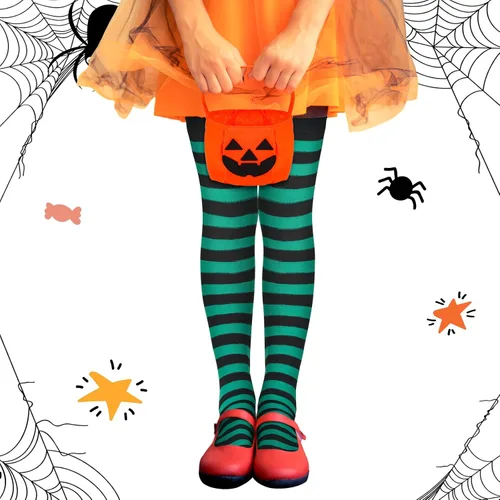 Vista 4 de Hercicy Juego de 5 piezas de disfraz de bruja de Halloween, calcetines a rayas para festival, bolsa de truco o trato de calabaza para niños y niñas