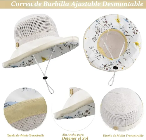 Vista 3 de Gorros de playa para mujer, de malla, para el sol, protección UV, plegable, para exteriores Beige