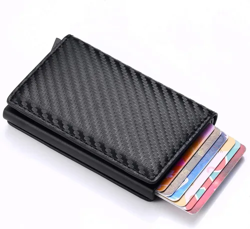 Vista 3 de Cartera minimalista con bloqueo RFID de piel sintética ligera de aluminio para tarjetas de crédito en efectivo, Fibra de carbono, Rfid Wallet