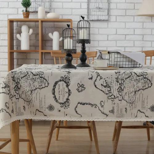 Vista 3 de Mantel rectangular de algodón y lino natural y simple, lavable, mantel de encaje con patrón impreso para mesa de cocina y comedor