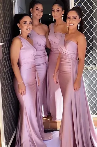 Vista 6 de Vestidos de dama de honor de un hombro, vestidos de sirena de satén, vestidos de baile de graduación, vestidos largos formales de noche con cola