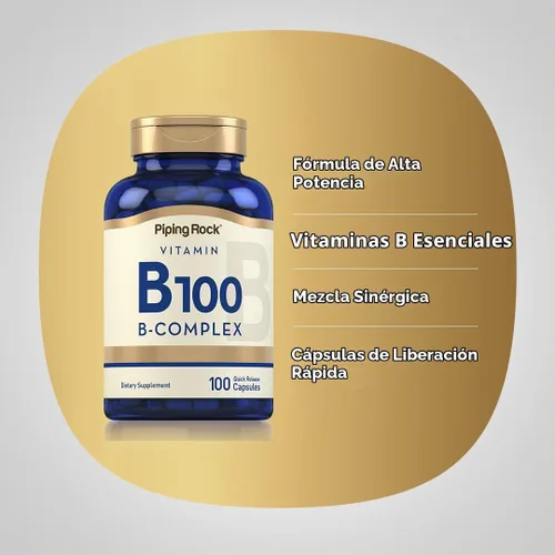Vista 3 de Piping Rock Complejo de Vitamina B100 100 Cápsulas Suplemento con vitaminas B12, B1, B2, B6 Sin OMG, sin gluten