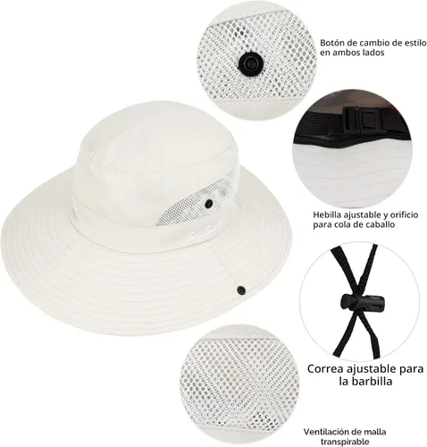 Vista 6 de Sombrero de sol de verano para mujer, cola de caballo, protección UV, ala ancha, plegable, sombrero Beige