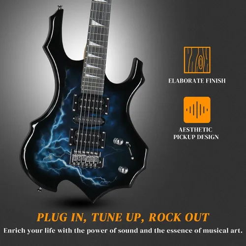 Vista 6 de Kit de guitarra eléctrica Ktaxon con diseño Burning Fire, guitarra eléctrica de 39 pulgadas HSH para principiantes con amplificador, diapasón