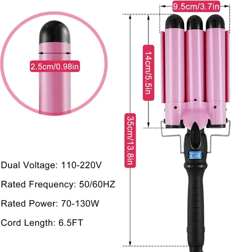 Vista 2 de Plancha rizadora de 3 barriles de cerámica con pantalla LCD y herramienta de doble voltaje para mujeres, ondas de playa con temperatura ajustable