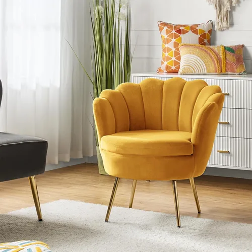 Vista 16 de HULALA HOME Silla decorativa moderna de terciopelo con respaldo en forma de concha, bonito sillón para sala de estar, dormitorio con patas doradas