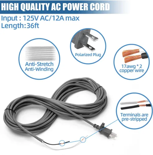 Vista 2 de Cable de alimentación de 36 pies para aspiradora Shark Navigator Lift-Away Pro NV355 NV356 NV357 UV400 UV540 NV36 NV60 NV80 NV360 NV370 NV585