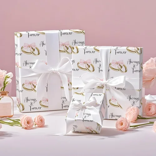Vista 4 de RUSPEPA Rollo de papel de regalo de boda, mini rollo, lazos rosas y anillos dorados con diseño de texto "Always & Forever", elegante envoltura