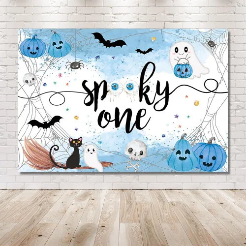 Vista 6 de MEHOFOND Fondo espeluznante de Halloween de 7 x 5 pies, fondo azul acuarela Little Boo Baby Shower para niños, telaraña de murciélago, calabaza