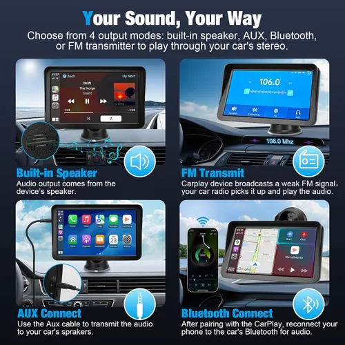 Vista 5 de Pantalla inalámbrica CarPlay de 9" para coche, receptor Apple CarPlay y Android Auto con cámara de respaldo 1080P, pantalla táctil HD, Bluetooth