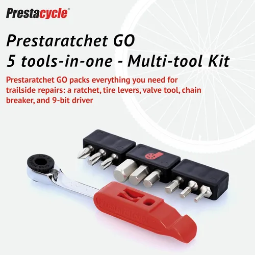 Vista 2 de Prestacycle Prestaratchet GO 5 en 1 Kit de herramientas múltiples para bicicleta, llave de trinquete, palanca de neumáticos, removedor de eslabones