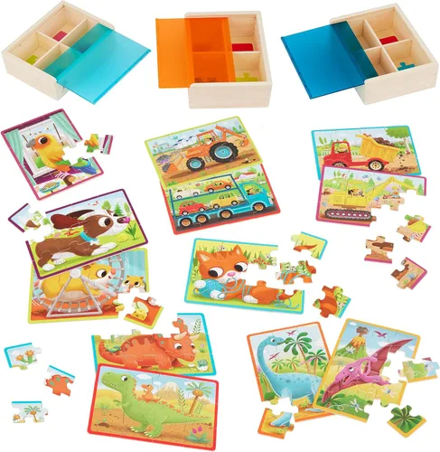 Vista 12 de B. toys Pack o' Puzzles Paquete de 2 - Mascotas y Dinos - Juego de cajas de rompecabezas de madera - 2 cajas, 8 juegos - 12 piezas - 3+ años 8