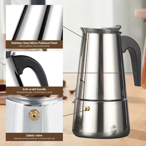 Vista 3 de Cafetera de café expreso para estufa, 3.4 fl oz, 2 tazas, cafetera italiana de acero inoxidable para cocinas de inducción