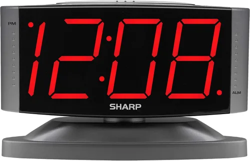 Vista 7 de Sharp Reloj despertador digital con base giratoria, LED verde, atenuador Led verde - caja plateada