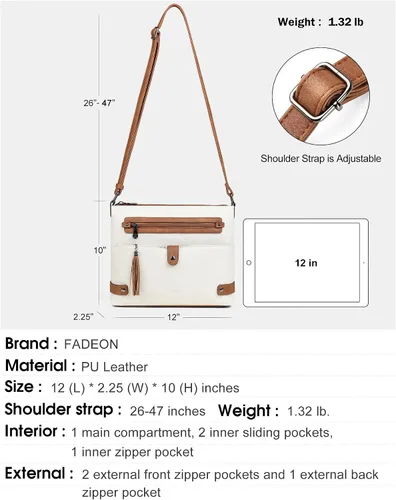 Vista 3 de FADEON Bolsos cruzados grandes para mujer, bolso cruzado de cuero de diseñador, bolso de hombro con múltiples bolsillos