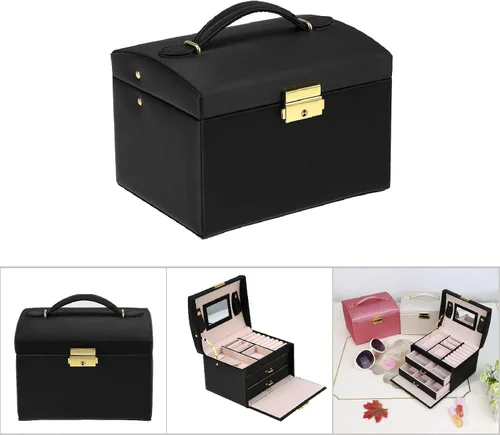 Vista 8 de Joyero de metal, caja de exhibición de joyería con 3 niveles, baúl de joyería de mesa, caja organizadora de joyas para mujeres y niñas, para aretes