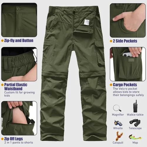 Vista 4 de Pantalones para niños, para senderismo, carga, safari, de secado rápido Verde militar