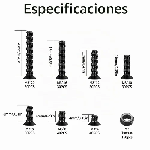 Vista 2 de Xujinsongg® Juego de tornillos de cabeza plana M3 y tuercas hexagonales, kit de 380 piezas de tornillos y tuercas Phillips negros con cabeza
