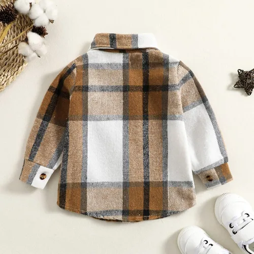 Vista 3 de HIUARA Chaqueta de franela para niños pequeños, a cuadros, de manga larga, con solapa, con botones, para bebés, niños y niñas, para otoño