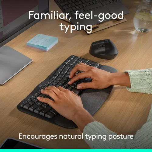 Vista 3 de Logitech Wave Keys - Teclado inalámbrico ergonómico con reposamanos, color grafito Para una postura de escritura natural, conecta hasta 3