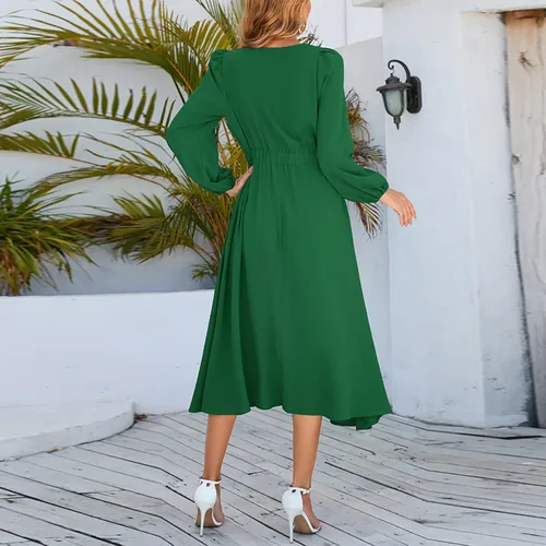 Vista 5 de Vestidos de otoño para mujer, color liso, cuello redondo, acampanado, manga larga, vestido midi