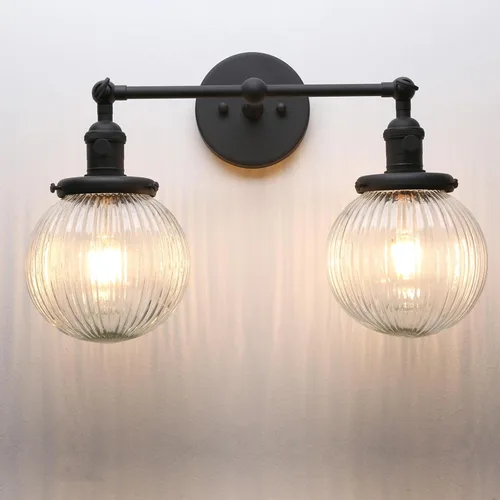 Vista 12 de PERMO Aplique de pared industrial vintage con accesorio de iluminación con mini pantalla de vidrio acanalado redonda transparente de 5.9 pulgadas