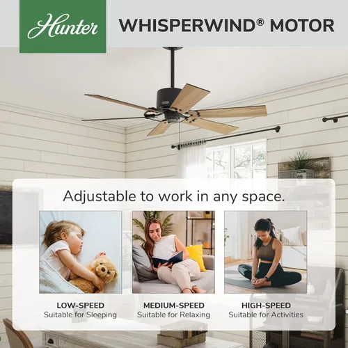 Vista 5 de Hunter 52 pulgadas Ventilador de techo para interiores sin luz - Ventilador de techo negro sin luz, 6 aspas, montaje estándar, para dormitorio, sala