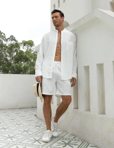 Vista 2 de RPOVIG Conjuntos de lino para hombre, conjuntos de verano de 2 piezas, ropa de vacaciones en la playa, camisas casuales de manga larga, pantalones