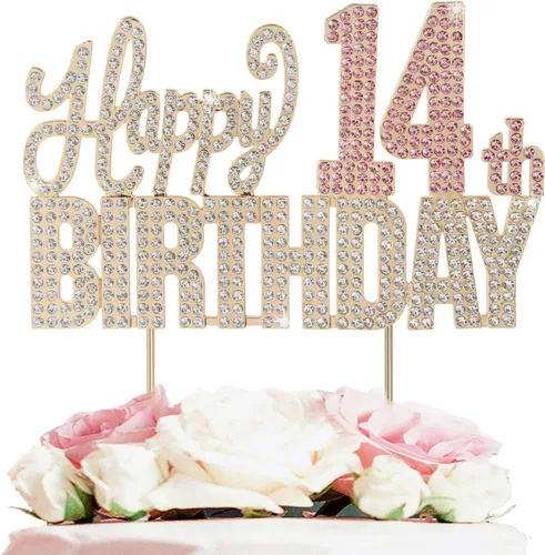 Vista 18 de Decoración de pastel de diamantes de imitación rosa y plateado con texto en inglés "Cheers to 11 Years Old Eleven Bday" de metal brillante