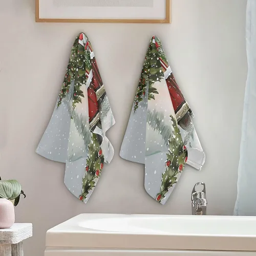Vista 5 de Pfrewn Juego de 2 toallas de mano con diseño de muñeco de nieve de camión rojo de Navidad, 16 x 30 pulgadas, suaves, absorbentes, pequeñas toallas