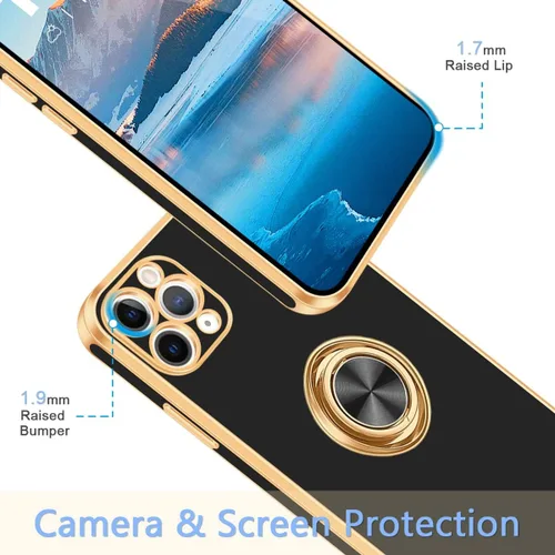 Vista 5 de Fingic Funda para iPhone 11 Pro Max, funda para iPhone 11 Pro Max con soporte de anillo, soporte de anillo giratorio de 360°, soporte magnético